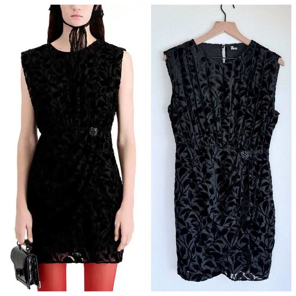 NEW The Kooples Sleeveless Black Floral Burnout Velvet Brooch Mini Dress 2 US6